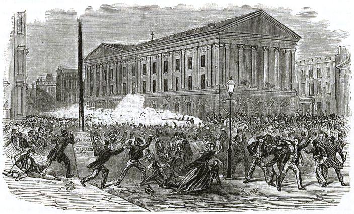An artistic depiction of the Astor Place Riot. Image from <a href=" http://digitalcollections.nypl.org/items/510d47e1-280e-a3d9-e040-e00a18064a99" target="_blank">The New York Public Library</a> via <a href=" https://commons.wikimedia.org/wiki/File:Astor_Place_Opera-House_riots_crop.jpg#/media/File:Astor_Place_Opera-House_riots_crop.jpg" target="_blank">Wikimedia Commons</a>.