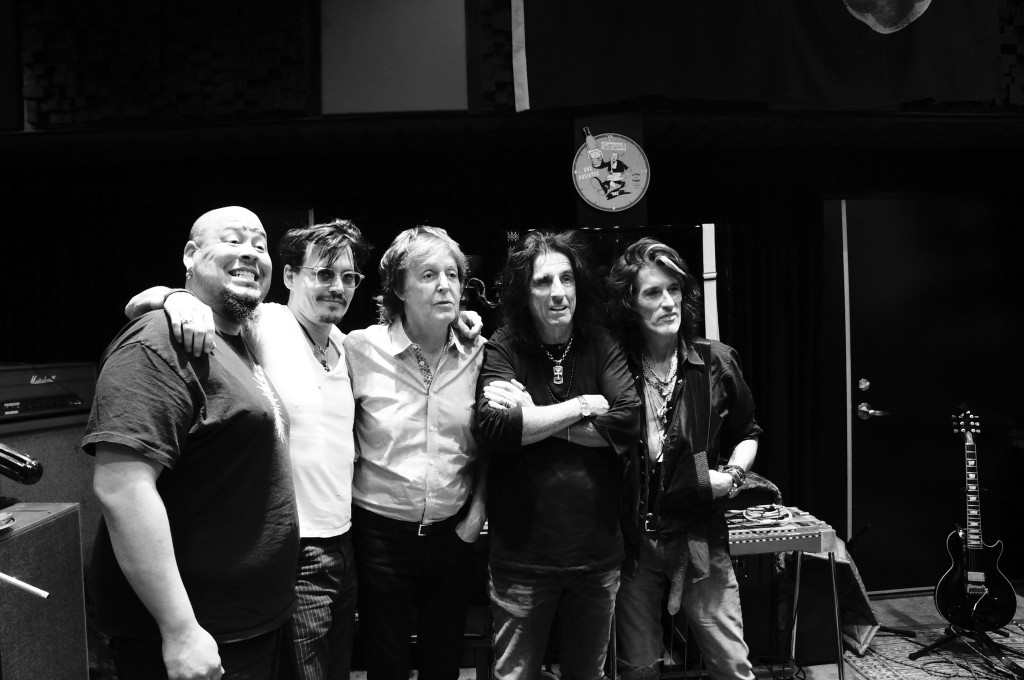 New Hollywood Vampires members Johnny Depp, Alice Cooper and Joe Perry pose with Paul McCartney. Photo Credit: Kyler Clark