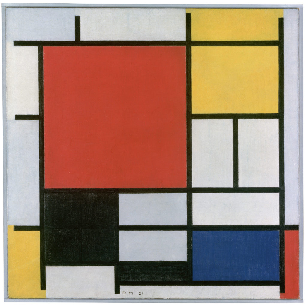 Piet Mondrian's Composition II en rouge, bleu et jaune (1921). [Public domain], <a href="https://commons.wikimedia.org/wiki/File%3APiet_Mondriaan%2C_1921_-_Composition_en_rouge%2C_jaune%2C_bleu_et_noir.jpg">via Wikimedia Commons</a>