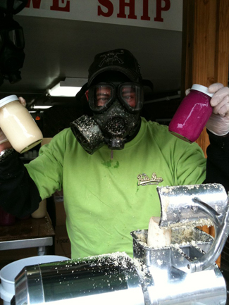 Photo of Chris in gas mask. Credit: The Pickle Guys, pickleguys.com