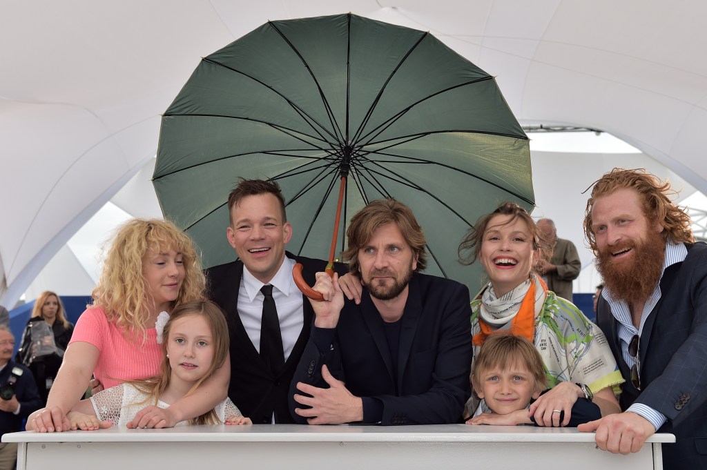 BERTRAND LANGLOIS/AFP/Getty Images  Ruben Ostlund and the cast of "Force Majeure" at Cannes