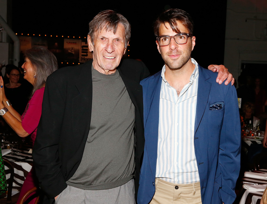 Actors Leonard Nimoy and Zachary Quinto attend the Sundance Institute Vanguard Leadership Award honoring Glenn Close at Stage 37 on June 4, 2014 in New York City.  (Photo by Astrid Stawiarz/Getty Images)