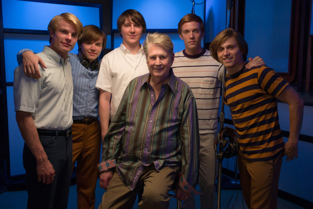 R to L: Graham Rogers, Brett Davern, Paul Dano,  Jake Abel, Kenny Wormald, who play the Beach Boys in "Love and Mercy," appear with the real Brian Wilson. Photo Credit: Francois Duhamel 