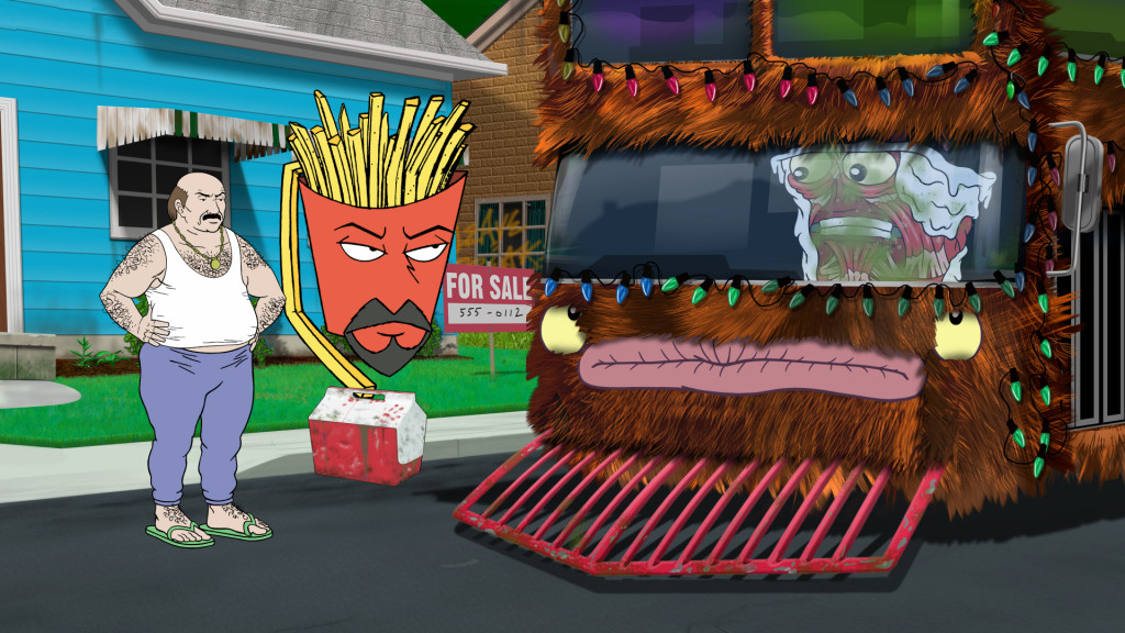 Master Shake (Dana Snyder) parties his skin off in The Hairy Bus while Carl (Dave Willis) and Frylock (Carey Means) are unamused. 