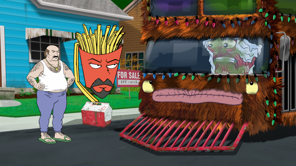 Master Shake (Dana Snyder) parties his skin off in The Hairy Bus while Carl (Dave Willis) and Frylock (Carey Means) are unamused.