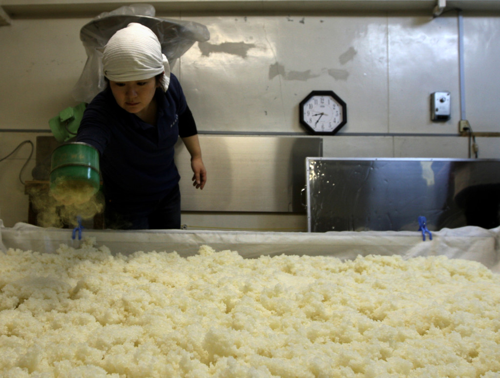 Misa Kawaisi, chief sake brew master, adds Koji bacteria powder to steamed rice at Nadagiku-Shozo sake brewery on November 16, 2012 in Himeji, Japan. (Photo by Buddhika Weerasinghe/Getty Images)