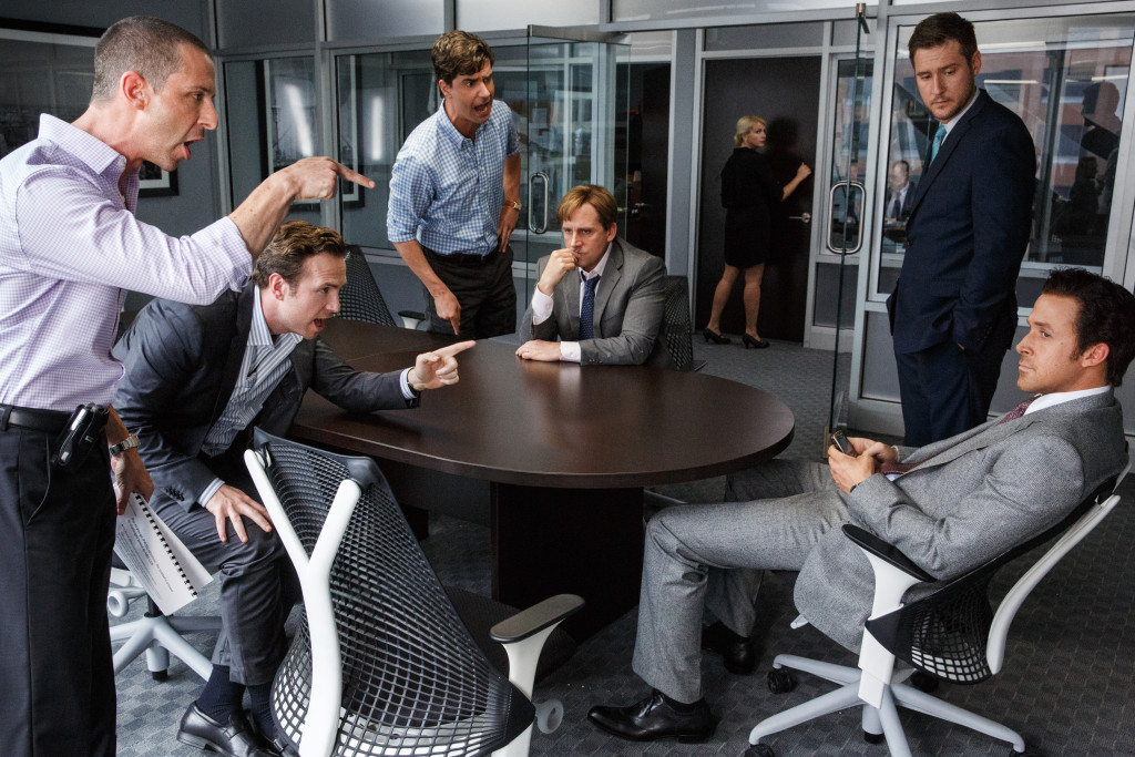 Left to right: Jeremy Strong, Rafe Spall, Hamish Linklater, Steve Carell, Jeffry Griffin and Ryan Gosling in "The Big Short." (Photo credit: Jaap Buitendijk)