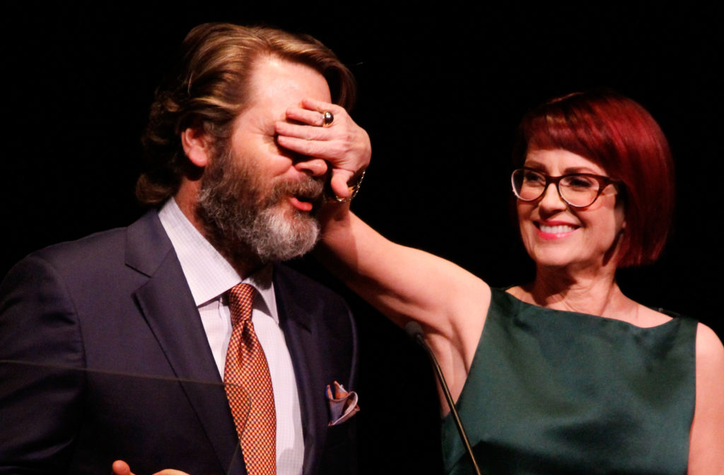 Nick Offerman and wife Megan Mullally. (Photo Credit: Janette Pellegrini/Getty Images for The Lucille Lortel Awards)