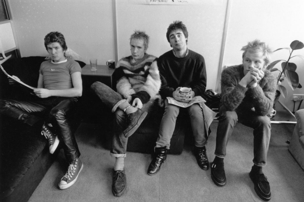 Notorious British punk rock band 'The Sex Pistols' who played together from 1975-78. From left to right: Steve Jones, Johnny Rotten (John Lydon), Glen Matlock and Paul Cook . Original Publication: People Disc - HL0209 (Photo by Evening Standard/Getty Images)
