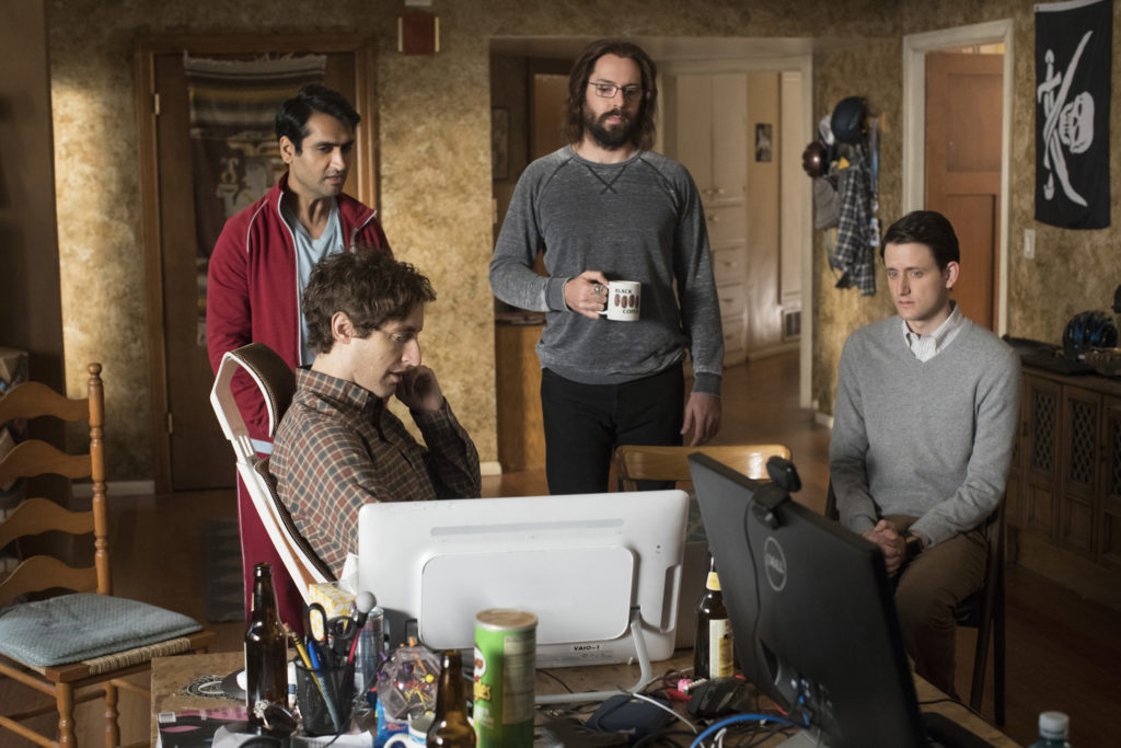 Kumail Nanjiani, Thomas Middleditch, Martin Starr, Zach Woods in a scene from "Silicon Valley." (Photo Credit: John P. Johnson)