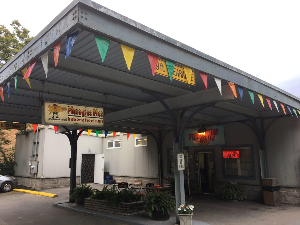 Pierogies Plus exterior. The building was once a gas station.