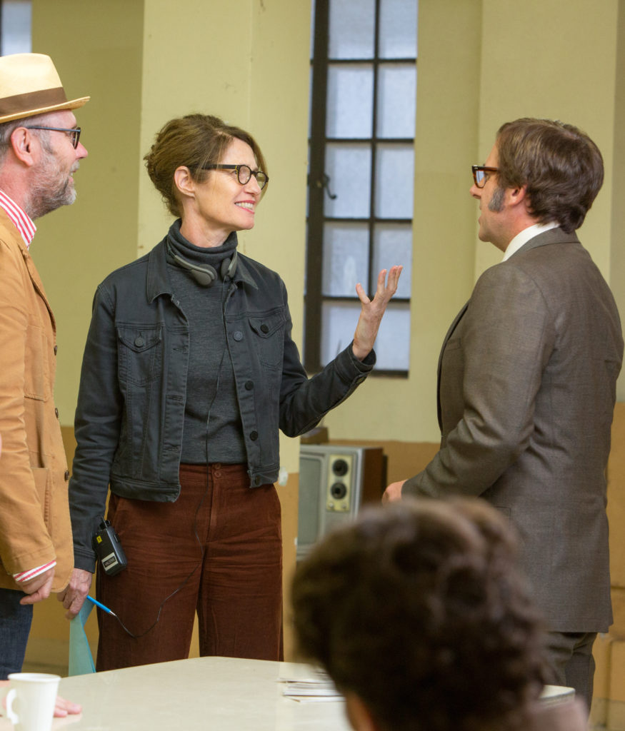 (From L-R): Directors Jonathan Dayton and Valerie Faris with Steve Carell on the set of "Battle of the Sexes." (Photo Credit: Melinda Sue Gordon.)