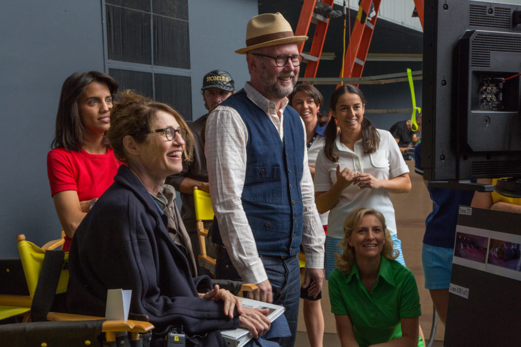 (From L-R): Natalie Morales, Directors Jonathan Dayton and Valerie Faris, Kaitlyn Christian, Fidan Manashirova and Mickey Summer on the set of "Battle of the Sexes." (Photo Credit: Melinda Sue Gordon.)