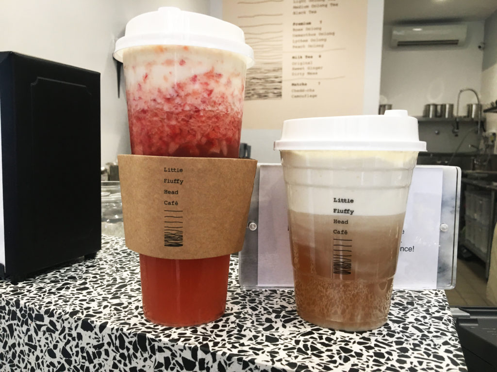 Picture (L) The cafe's brand new Strawberry Cheese Tea. (R) Their most popular drink, Premium Rose Oolong.
